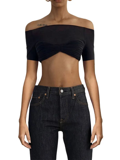 Short Sleeve Mesh Top Shirt for Off-shoulder See-through Knit Pullover Summer Sheer New T-shirt