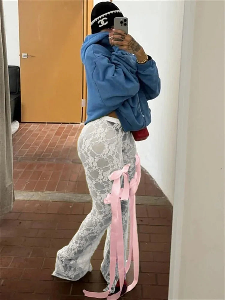 Bow Lace See-through Printed High Waist Mesh ’s Pants