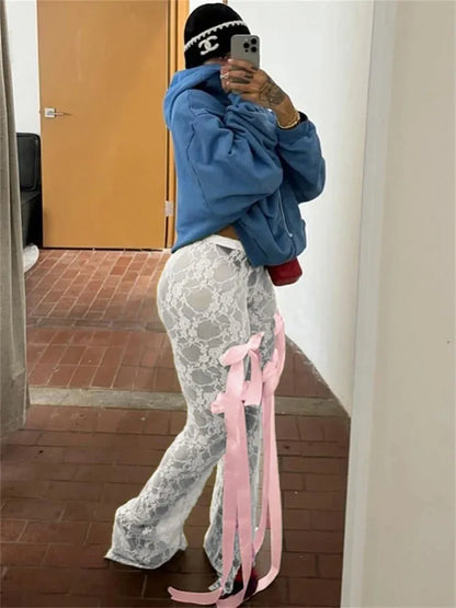 Bow Lace See-through Printed High Waist Mesh ’s Pants