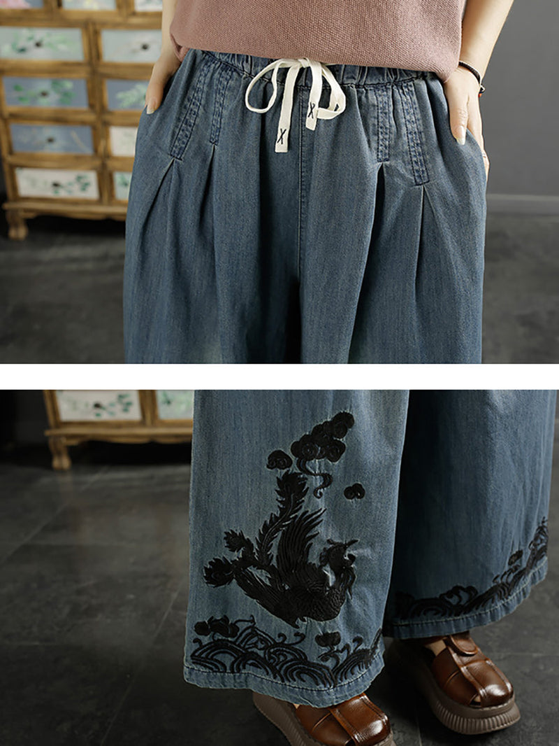 Phoenix Embroidery Wide-leg Denim Pants Kl1009