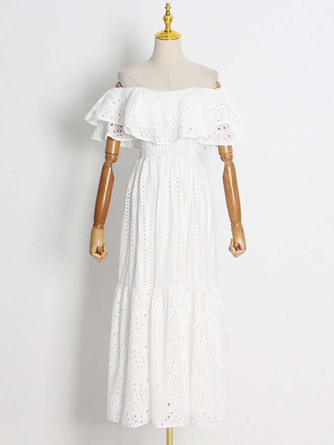 Off Shoulder Ruffled Embroidered Long Dresses