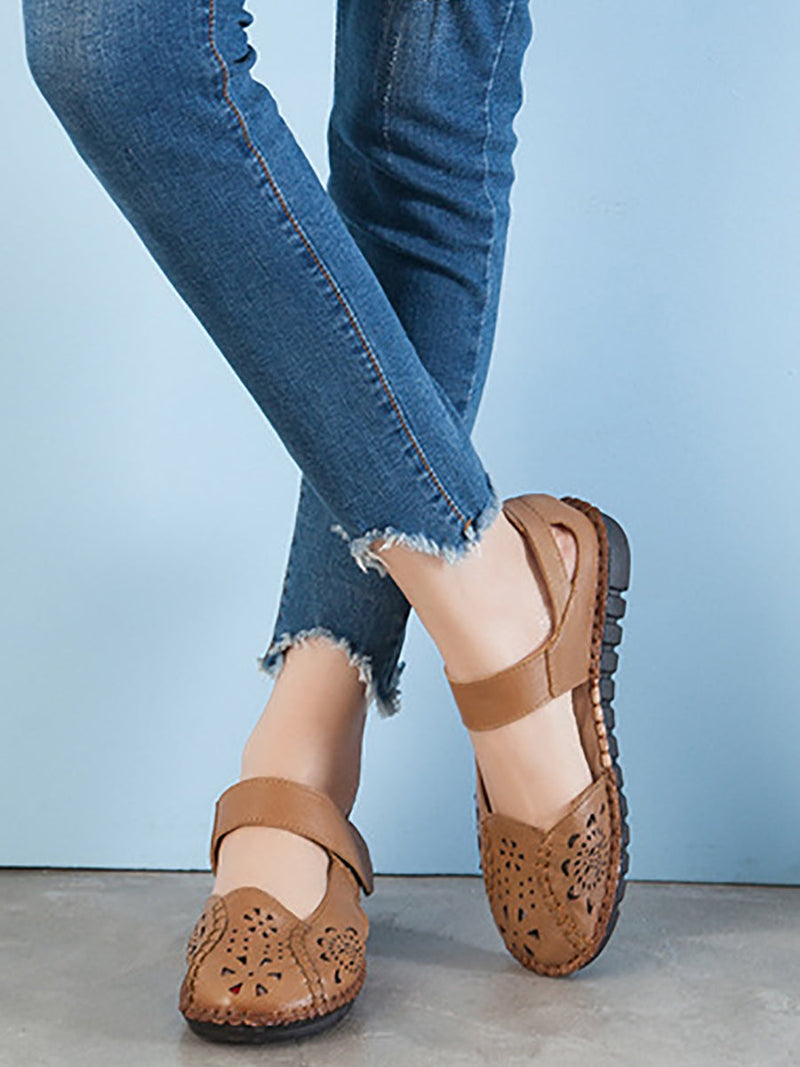 Summer Leather Cutout Low-heel Sandals Cv1008