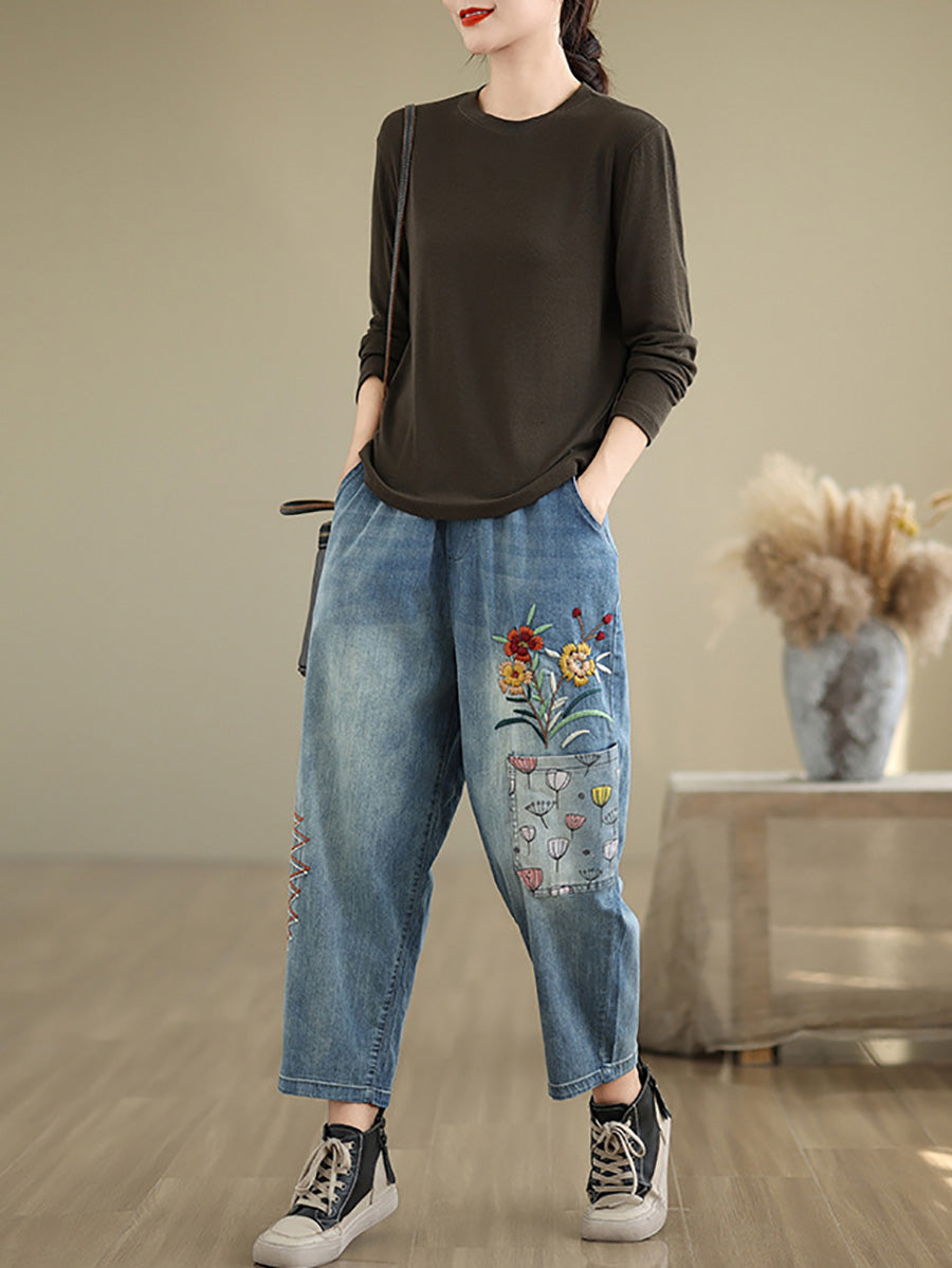 Autumn Artsy Flower Embroidery Denim Harem Pants Ai1074