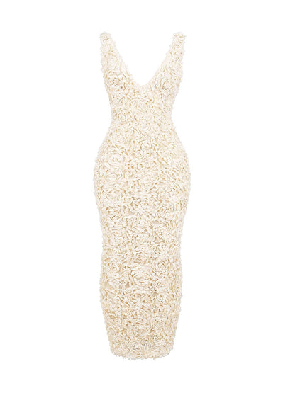 Creme Plunge Appliqué Maxi Dress-carena