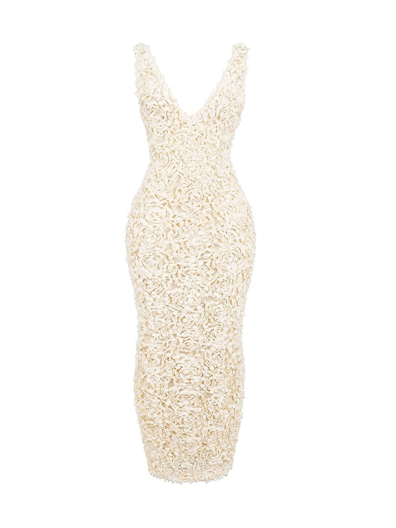 Creme Plunge Appliqué Maxi Dress-carena