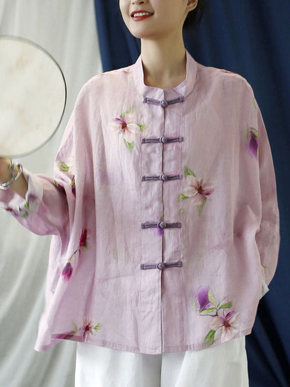 Flower Pink Spring Ramie Shirt Coat Pp1051