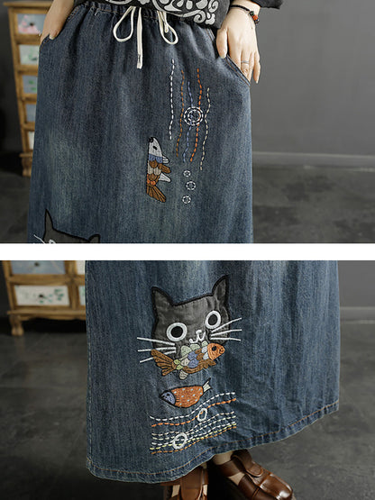 Summer Cat Fish Embroidery Denim Skirt Kl1008