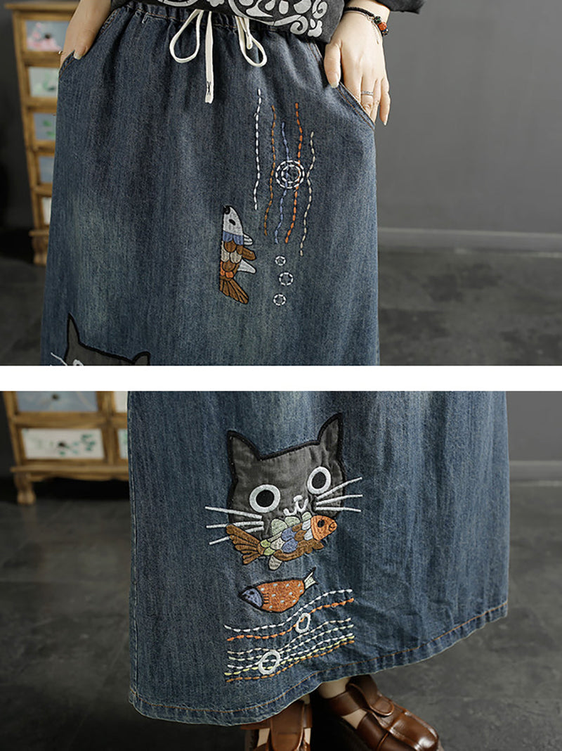 Summer Cat Fish Embroidery Denim Skirt Kl1008