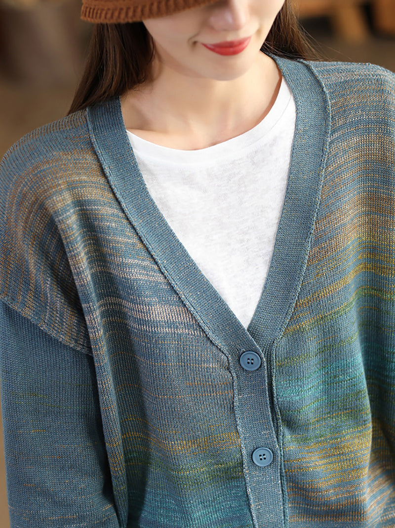 Autumn Artsy Colorful Knit V-neck Cardigan Sweater Ai1077