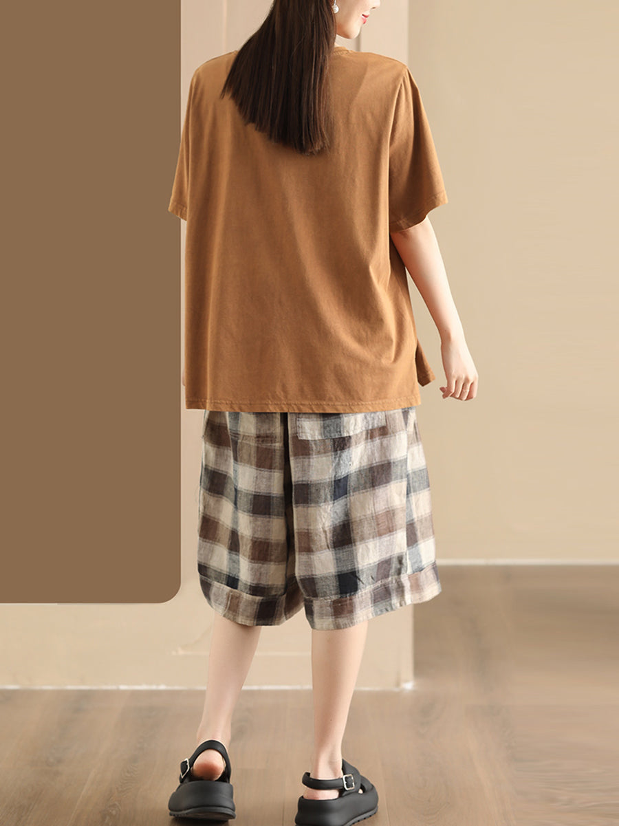 Summer Plaid Linen Wide-leg Pants Pp1028