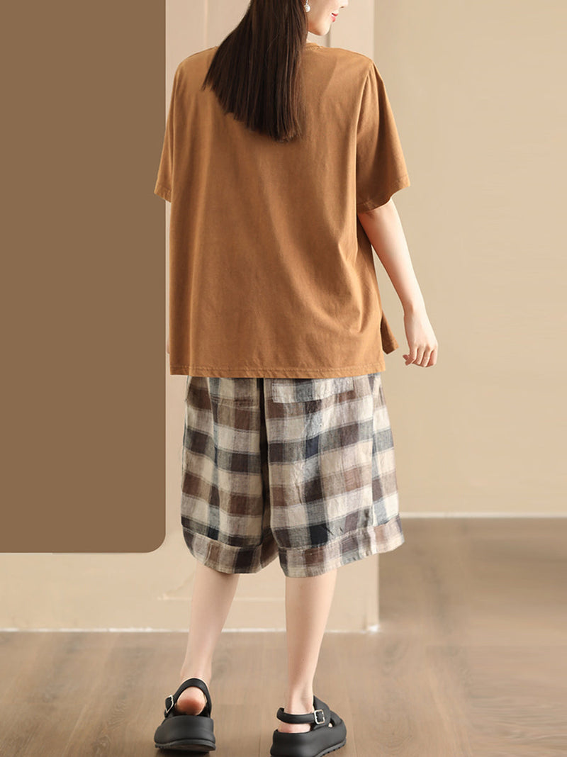Summer Plaid Linen Wide-leg Pants Pp1028