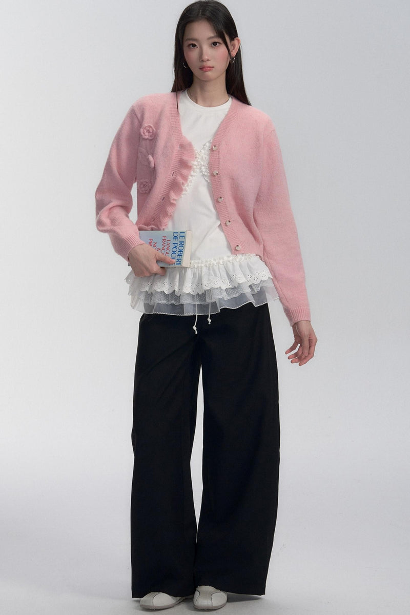 Ruffle Bow Lace Trim Sweater
