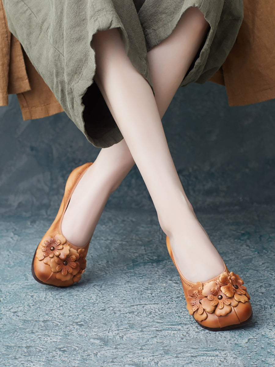 Artsy Summer Leather Flower Spiced Flat Shoes Zz1041
