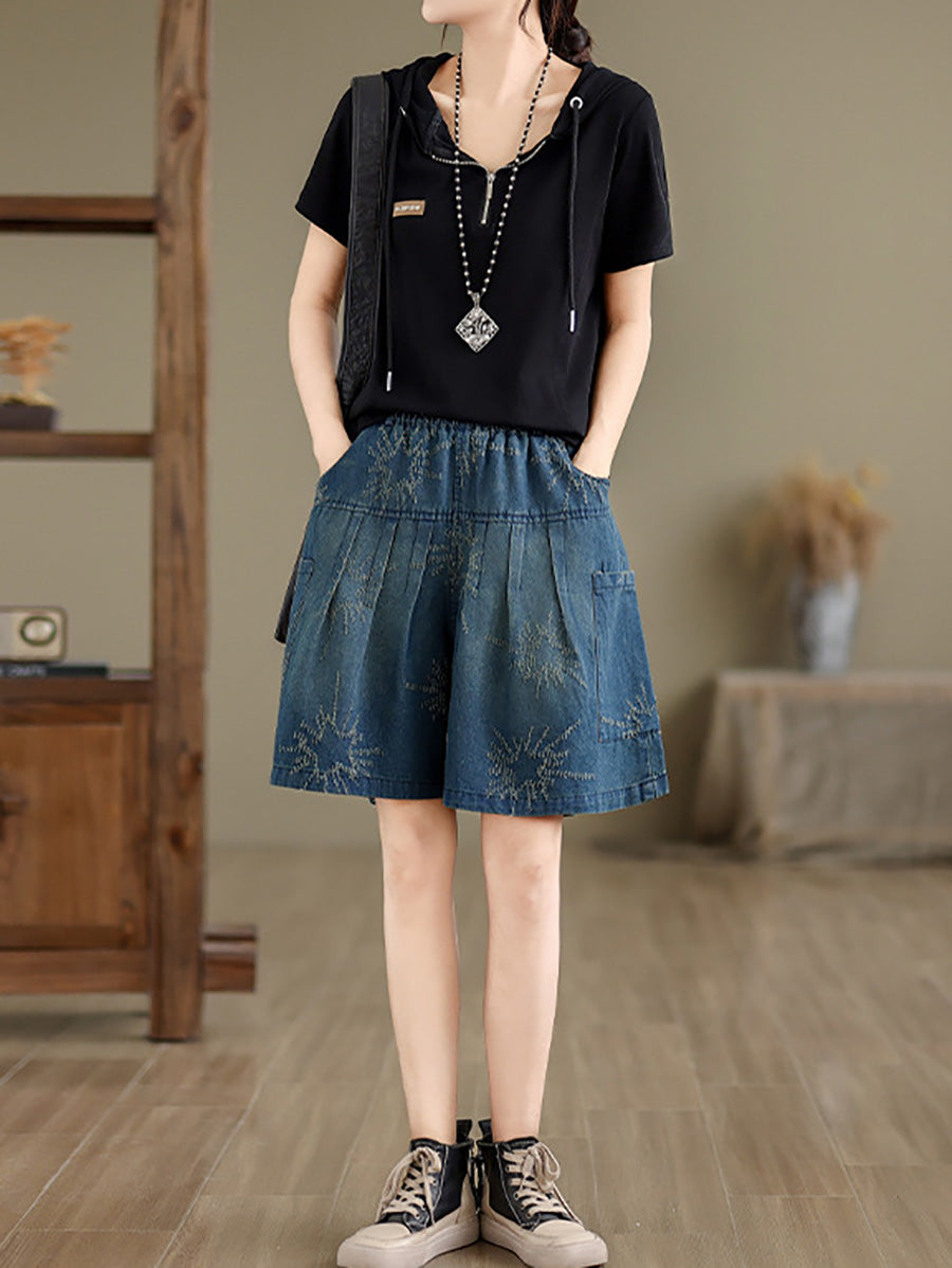 Summer Retro Star Jacquard Denim Fifth Pants Cc012