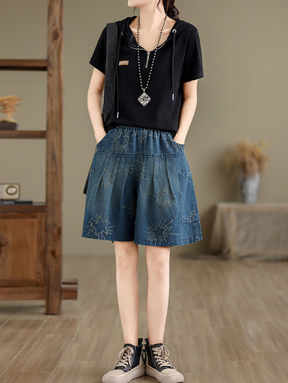 Summer Retro Star Jacquard Denim Fifth Pants Cc012