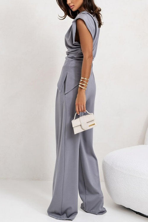 Ruched Asymmetrical Top and Wide Leg Pants Set