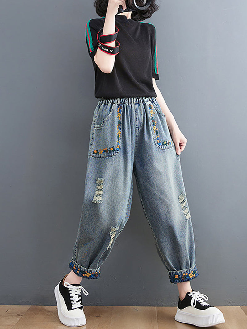 Artsy Embroidery Frayed Denim Harem Pants Fd006