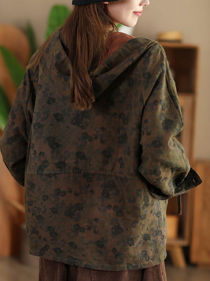 Autumn Flower Button Cotton Linen Hooded Coat Ah1013