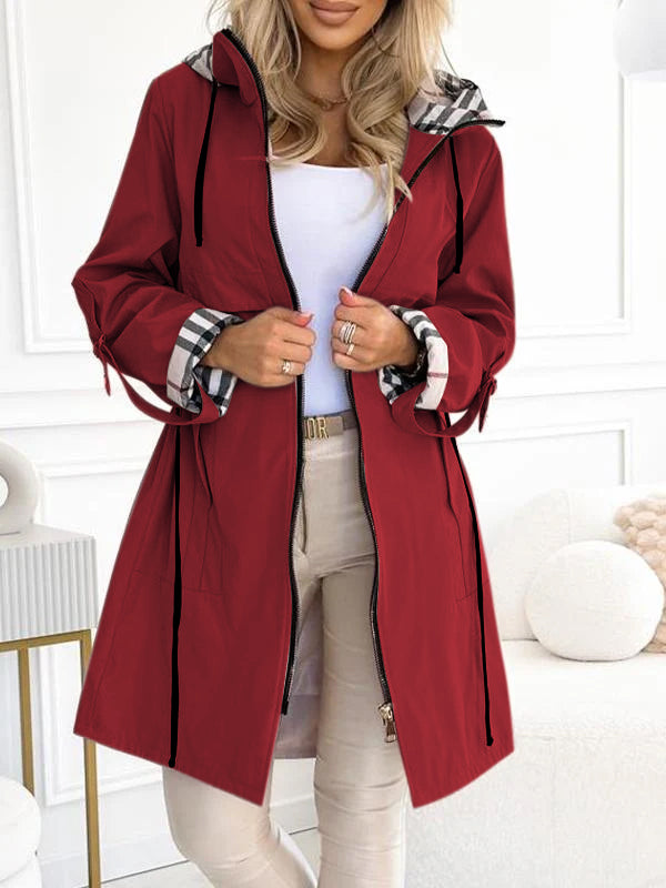 Hooded Zipper Drawstring Plaid Print Long Coat