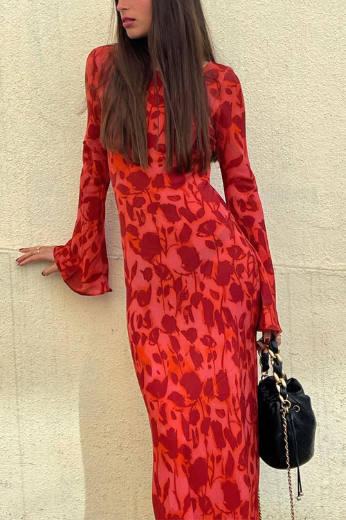 Bell Long Sleeves Print Maxi Dress
