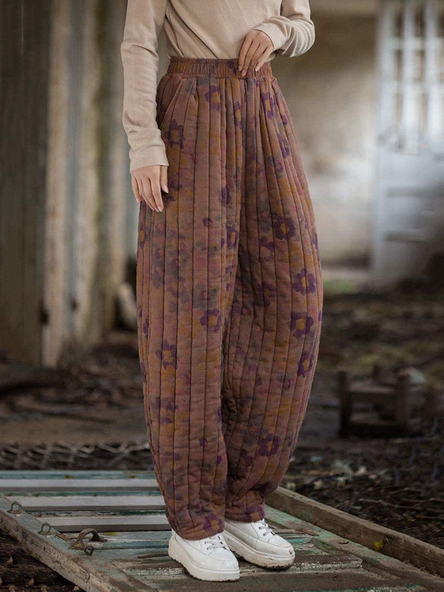 Winter Retro Flower Spliced Padded Cotton Harem Pants Wu014