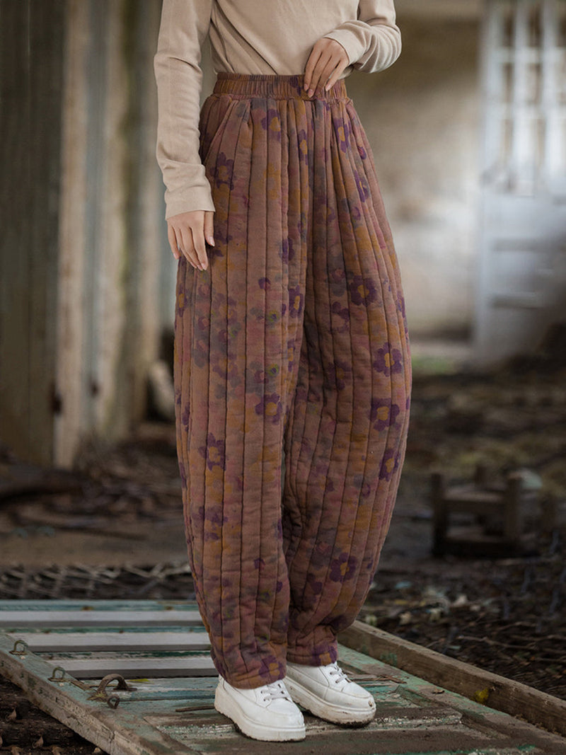 Winter Retro Flower Spliced Padded Cotton Harem Pants Wu014