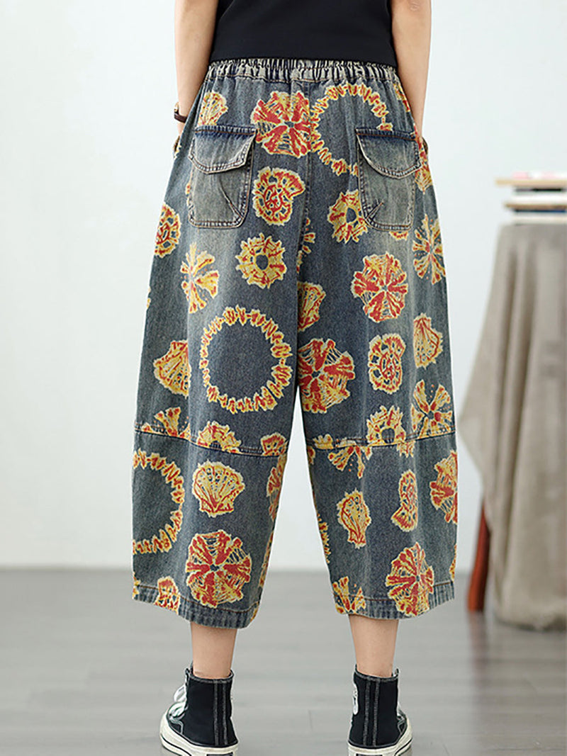 Straight Pants Retro Capri Flower Denim