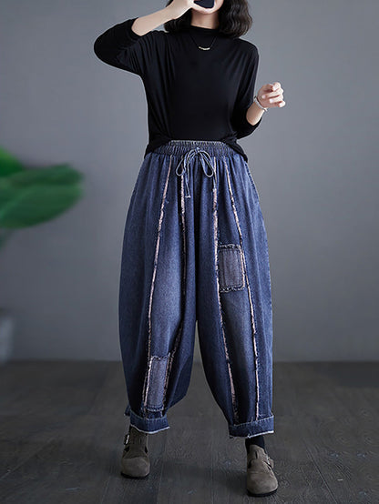 Summer Denim Patch Spliced Harem Pants Fd031