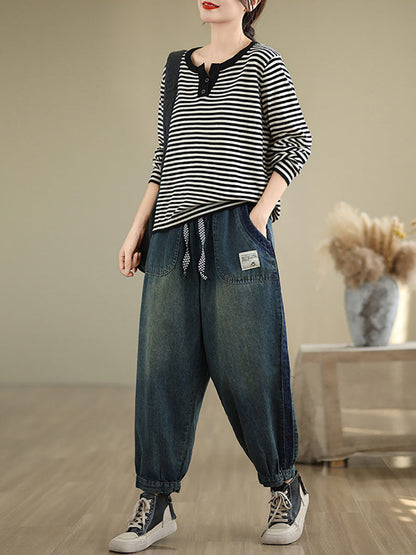 Pockets Washed Denim Harem Pants At1003