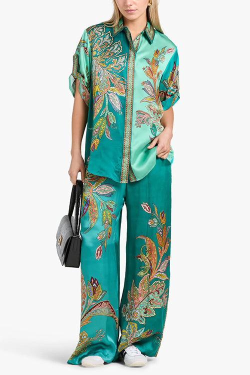 Roll Up Short Sleeves Shirt and Wide Leg Pants Printed Satin Set