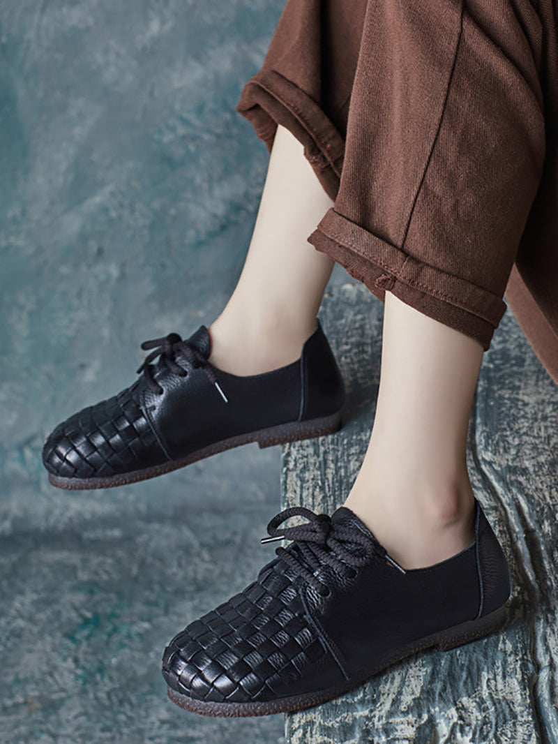 Autumn Soft Leather Waeve Flat Shoes At1029