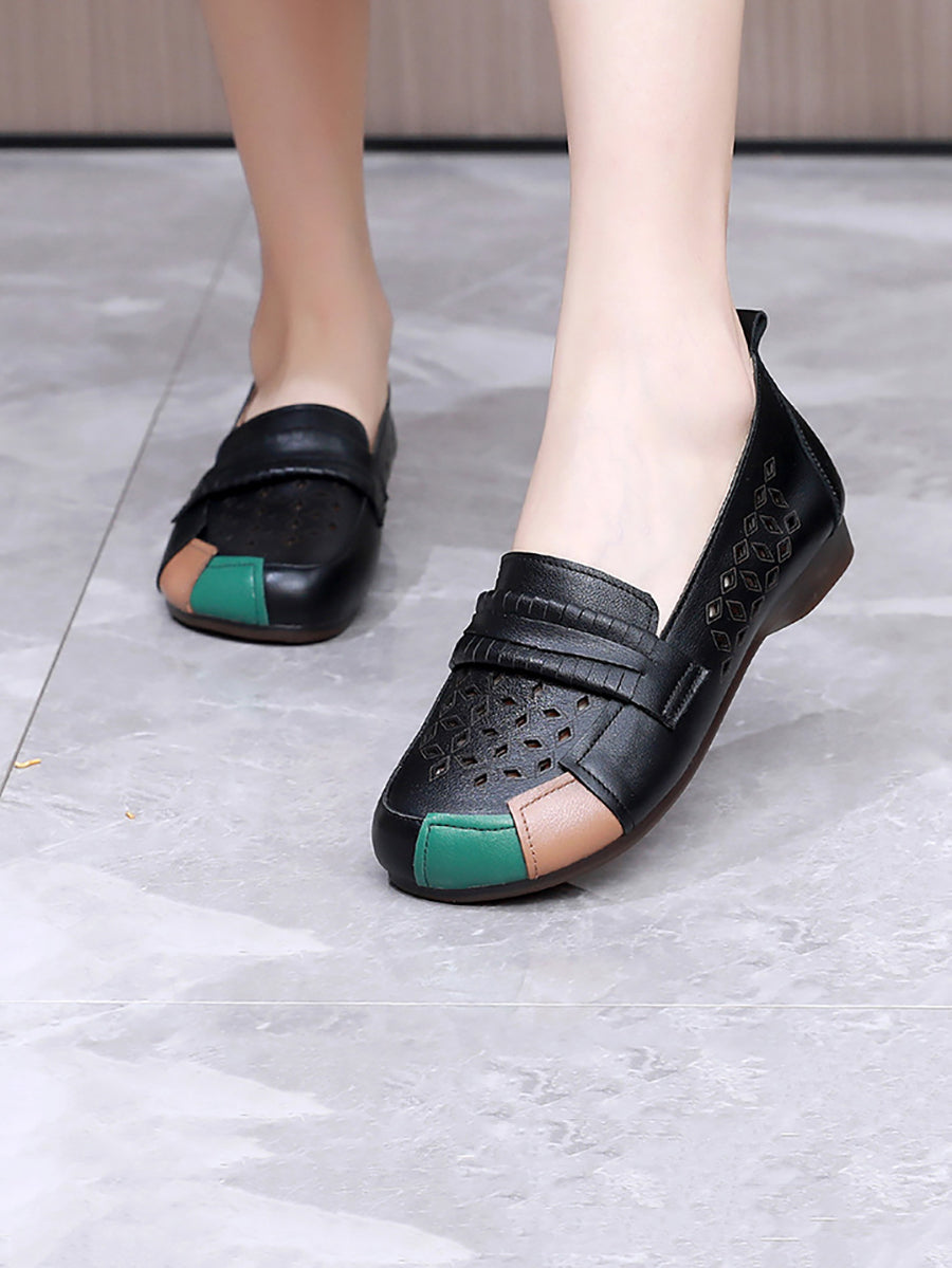 Summer Leather Colorblock Cutout Flat Shoes Ui1030