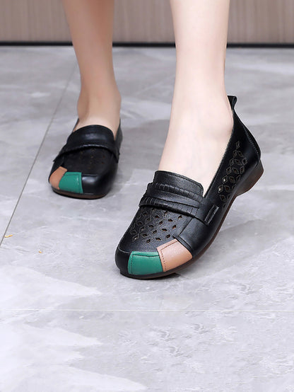 Summer Leather Colorblock Cutout Flat Shoes Ui1030