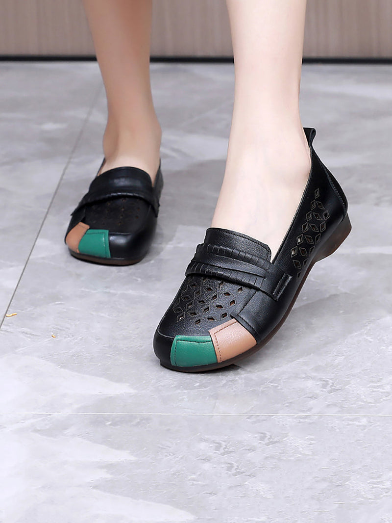 Summer Leather Colorblock Cutout Flat Shoes Ui1030