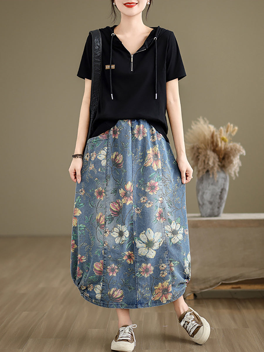 Summer Flower Spliced Denim Skirt Xx1027