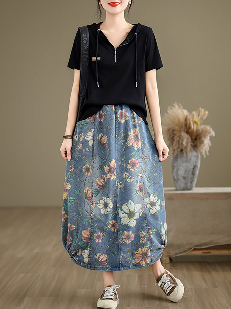 Summer Flower Spliced Denim Skirt Xx1027