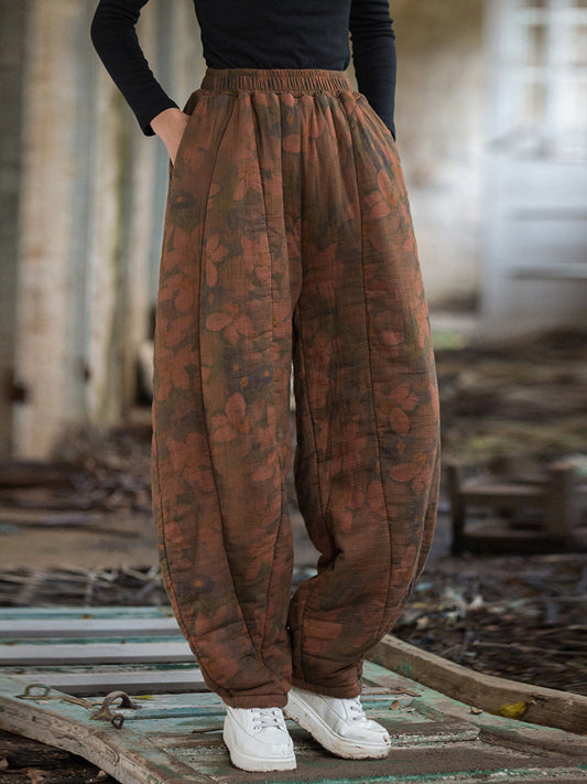 Winter Retro Flower Cotton Paaded Harem Pants Wu003