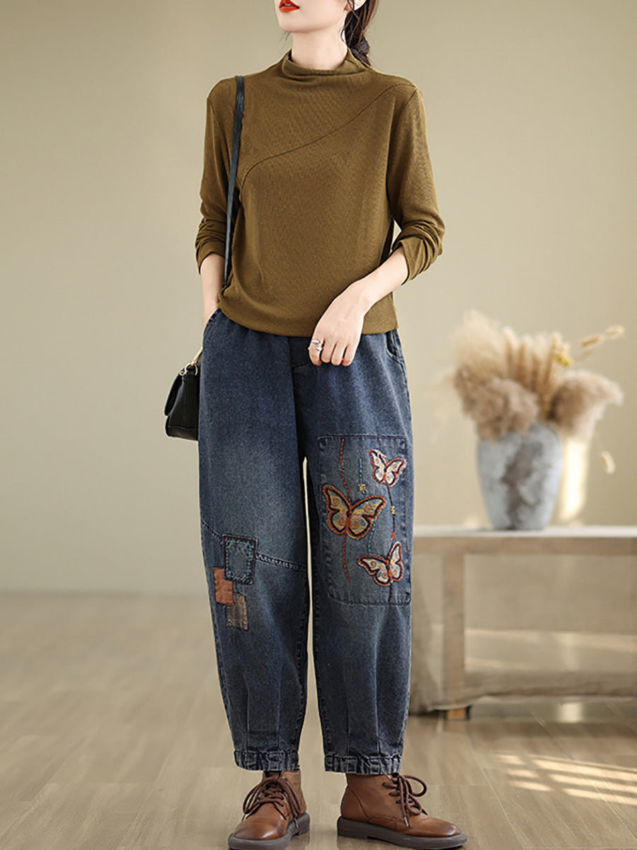 Autumn Artsy Butterfly Embroidery Denim Harem Pants Ai1078