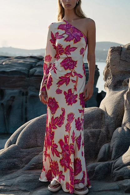 One Shoulder Long Sleeve Print Maxi Dress