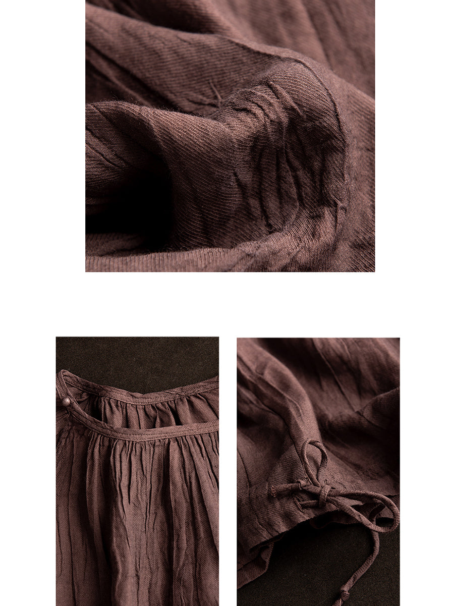 Summer Artsy Strap Hem O-neck Ramie Blouse As1026