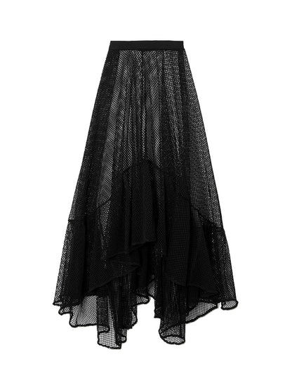Belted Crochet-trimmed Netted-sleeve One Piece and Skirt