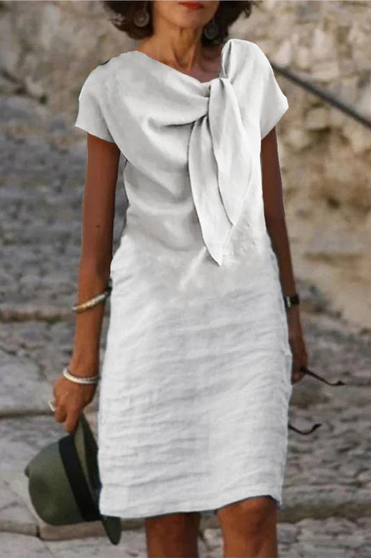 Linen Blend Short-sleeved Adjustable Tie-neck Mini Dress