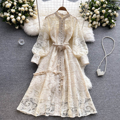 Apricot Cashew Flower Lace Embroidery Single Breasted Lantern Sleeve Midi Dress