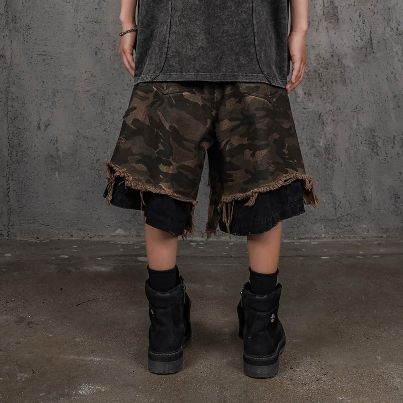 Double-layered Shredded Camo Shorts