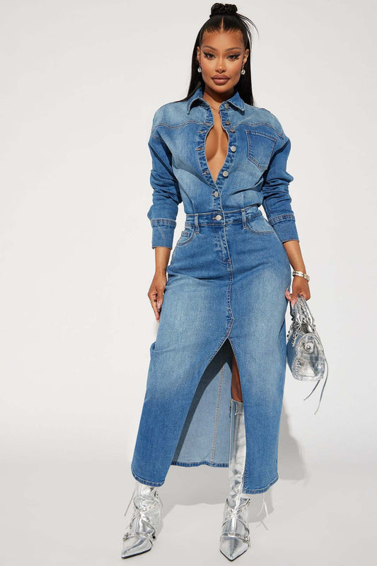 Wear Long Sleeve Denim Trench Coat Cardigan Denim Cloak Dress