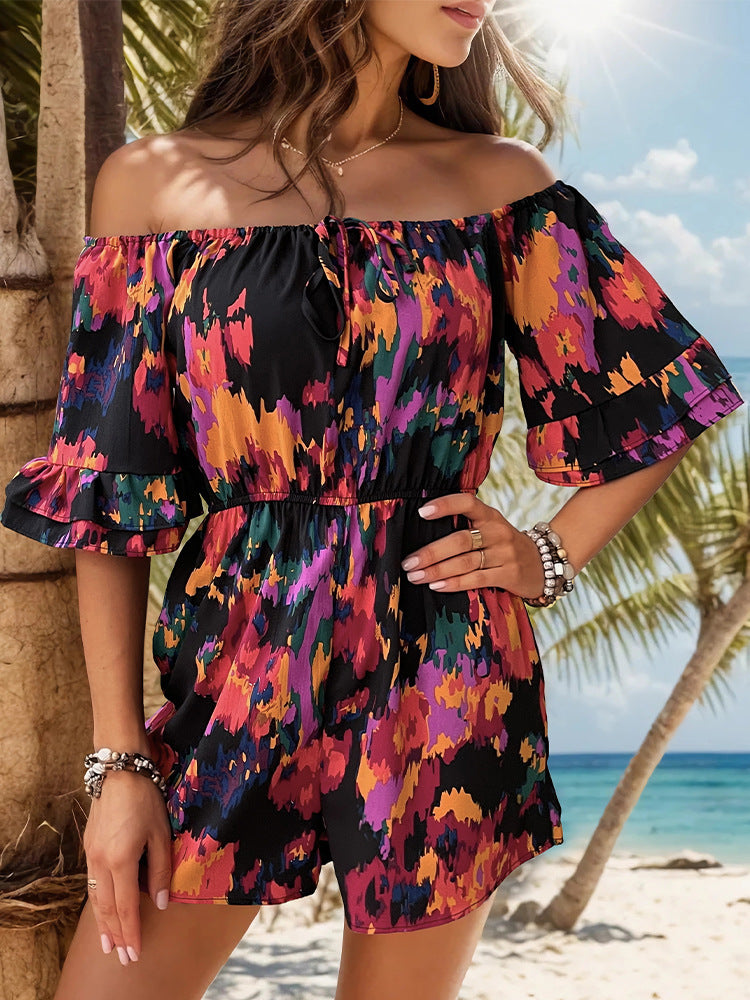 Spring Summer Vacation Off Shoulder Jumpsuits High Waist Ruffle Sleeve Integrated Cloth