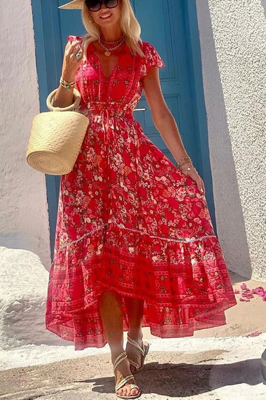 Summer in Greece Print Ruffle Sleeve Elastic Waist High-low Midi Dress