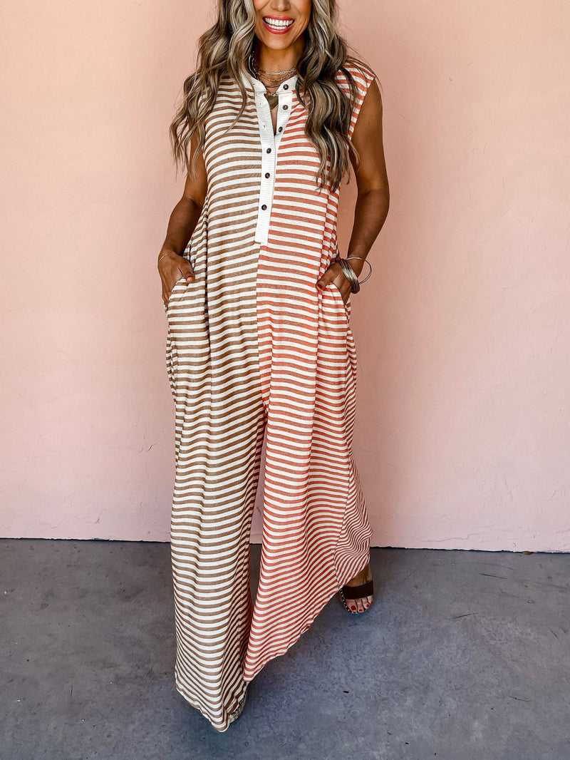 Spring Summer Jumpsuit Mixed Color Stripe Sleeveless Loose Fresh Wide Leg Long One Piece