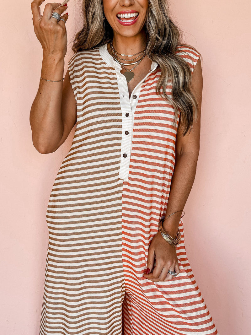 Spring Summer Jumpsuit Mixed Color Stripe Sleeveless Loose Fresh Wide Leg Long One Piece