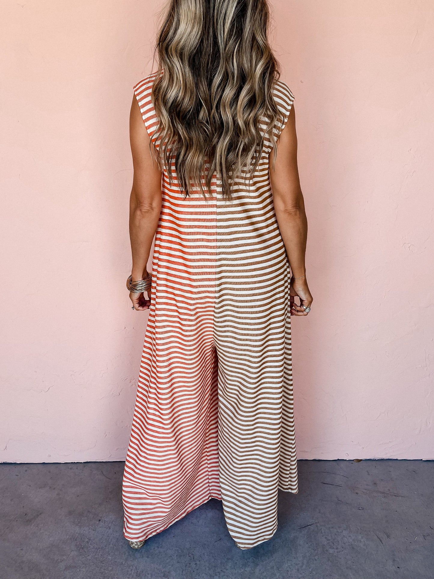 Spring Summer Jumpsuit Mixed Color Stripe Sleeveless Loose Fresh Wide Leg Long One Piece